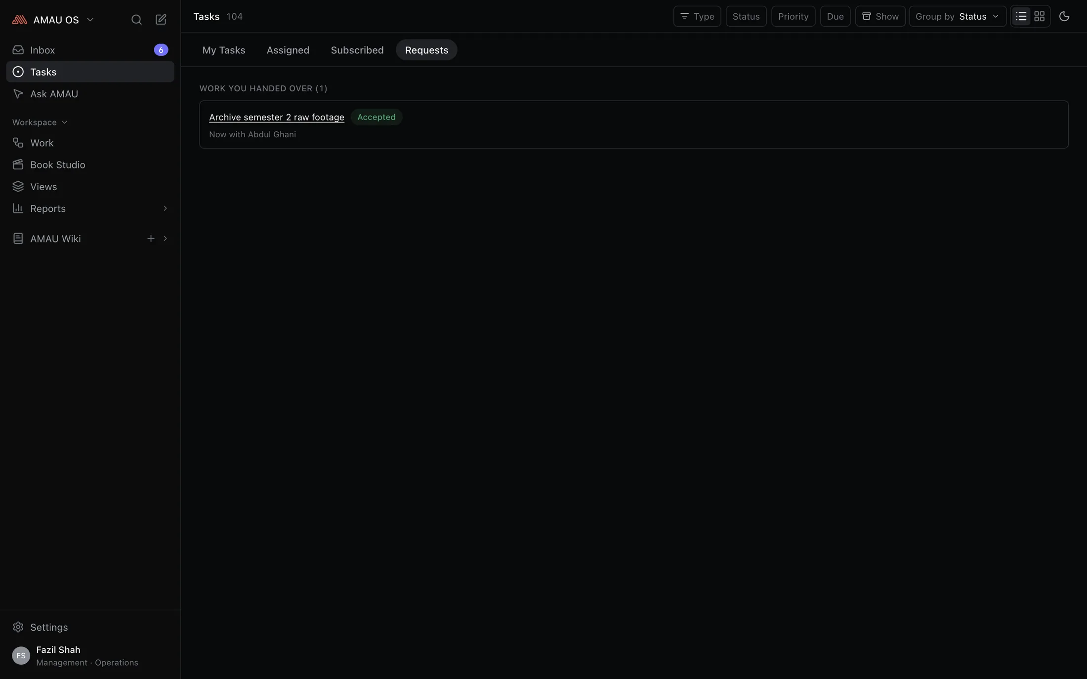 The Requests tab in AMAU OS: work handed over, who has it now, and whether they accepted.