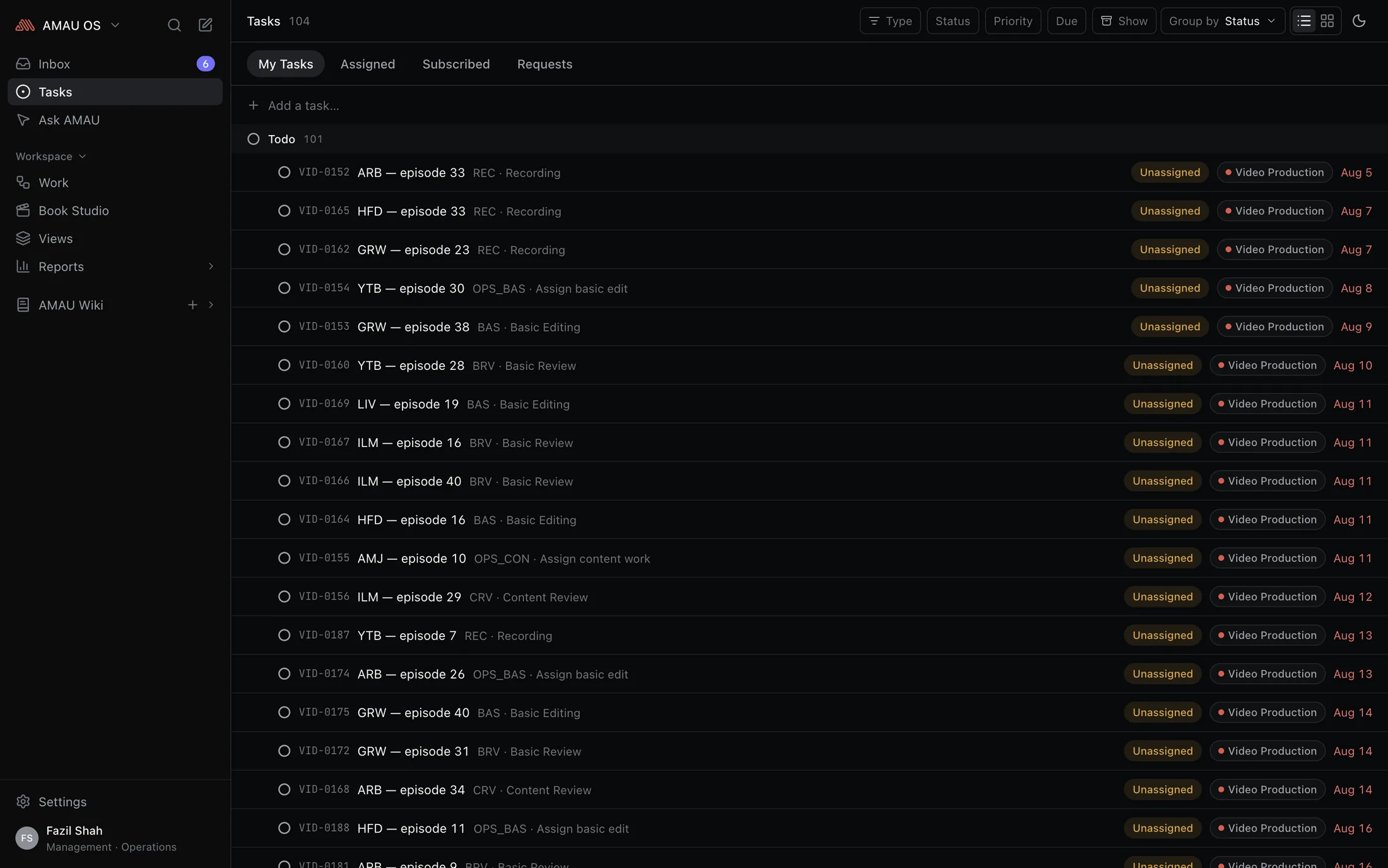 AMAU OS in the dark theme.